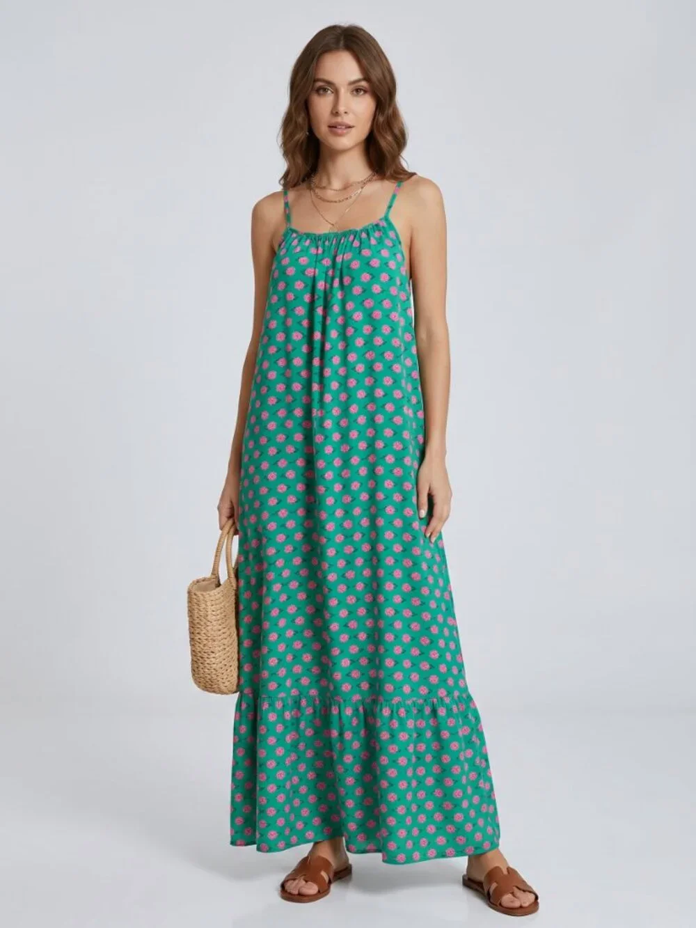 Women Boho Maxi Dress Green Pink Spaghetti Strap Flowy Beach Dress - Picture 2 of 5